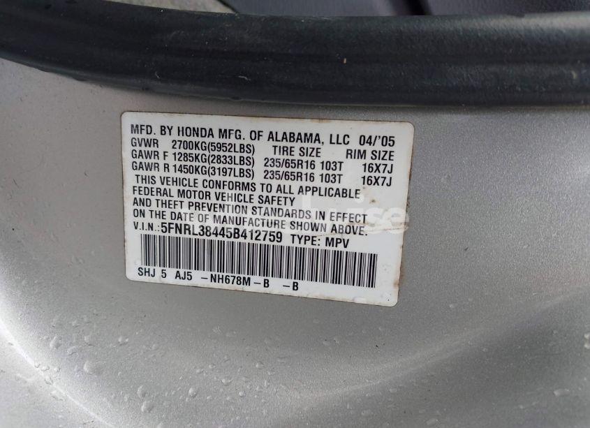 Photo 9 of 2005 Honda Odyssey EX (VIN 5FNRL38445B412759)