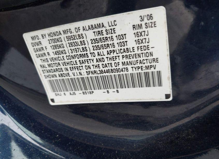 Photo 9 of 2006 Honda Odyssey EX (VIN 5FNRL38446B090478)