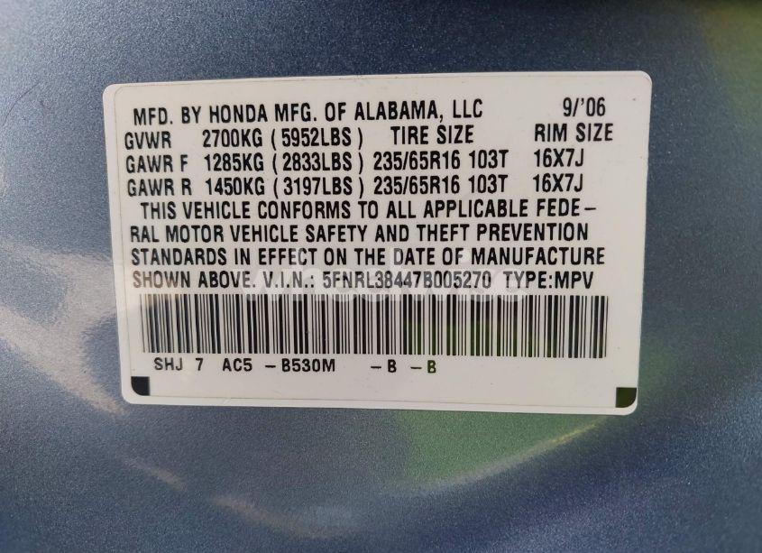 Photo 9 of 2007 Honda Odyssey EX (VIN 5FNRL38447B005270)