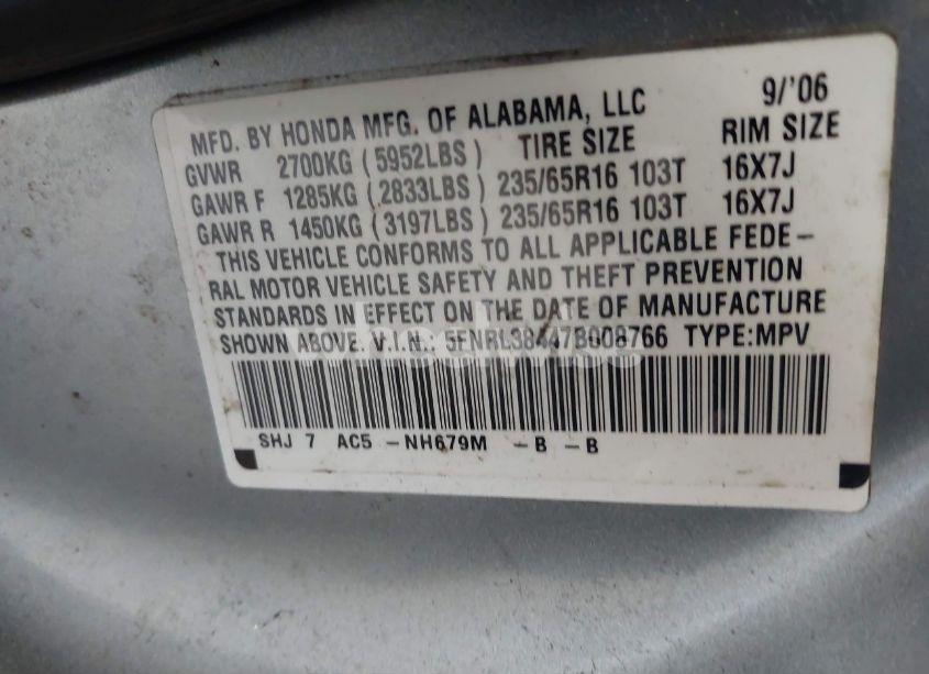 Photo 9 of 2007 Honda Odyssey EX (VIN 5FNRL38447B008766)