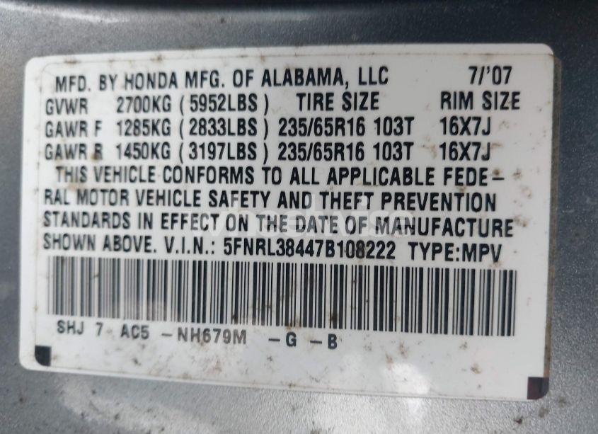 Photo 9 of 2007 Honda Odyssey EX (VIN 5FNRL38447B108222)