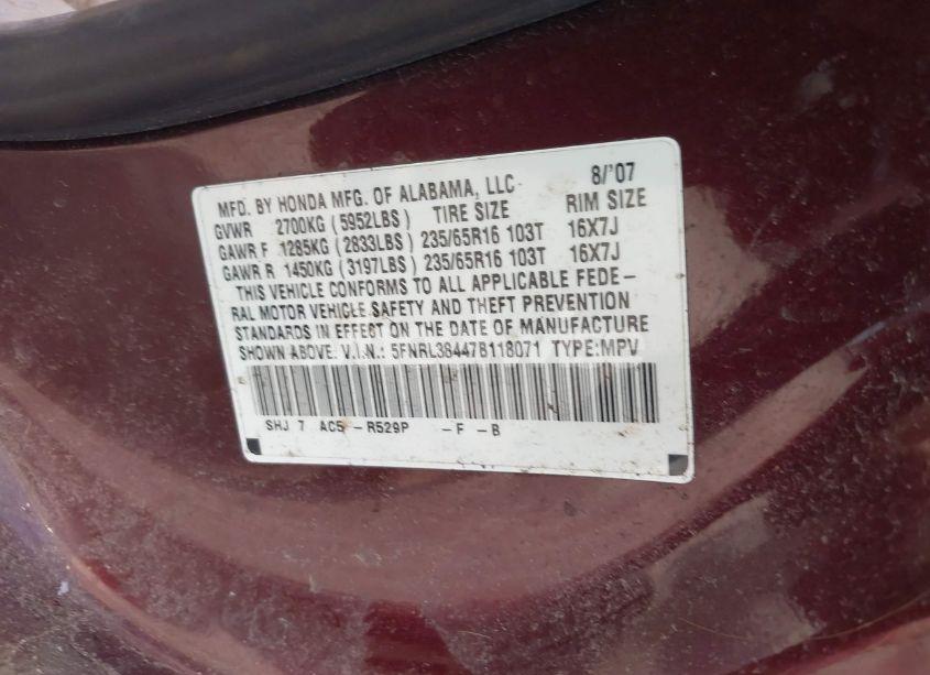 Photo 9 of 2007 Honda Odyssey EX (VIN 5FNRL38447B118071)