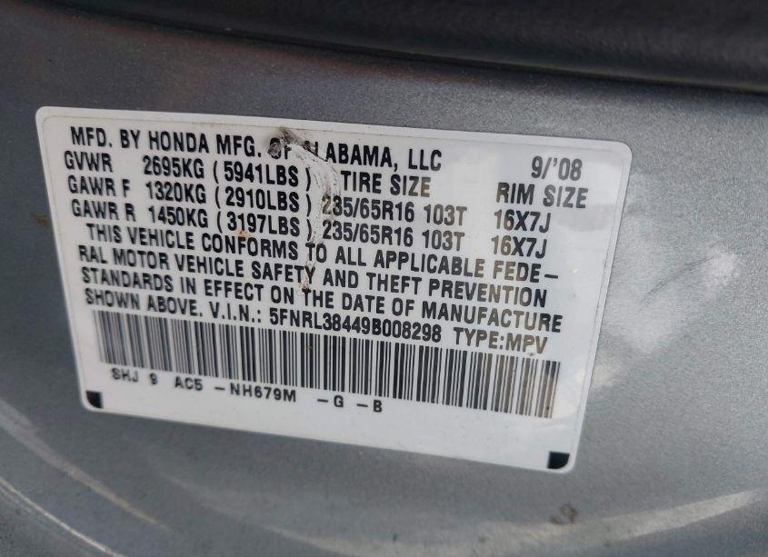 Photo 9 of 2009 Honda Odyssey EX (VIN 5FNRL38449B008298)