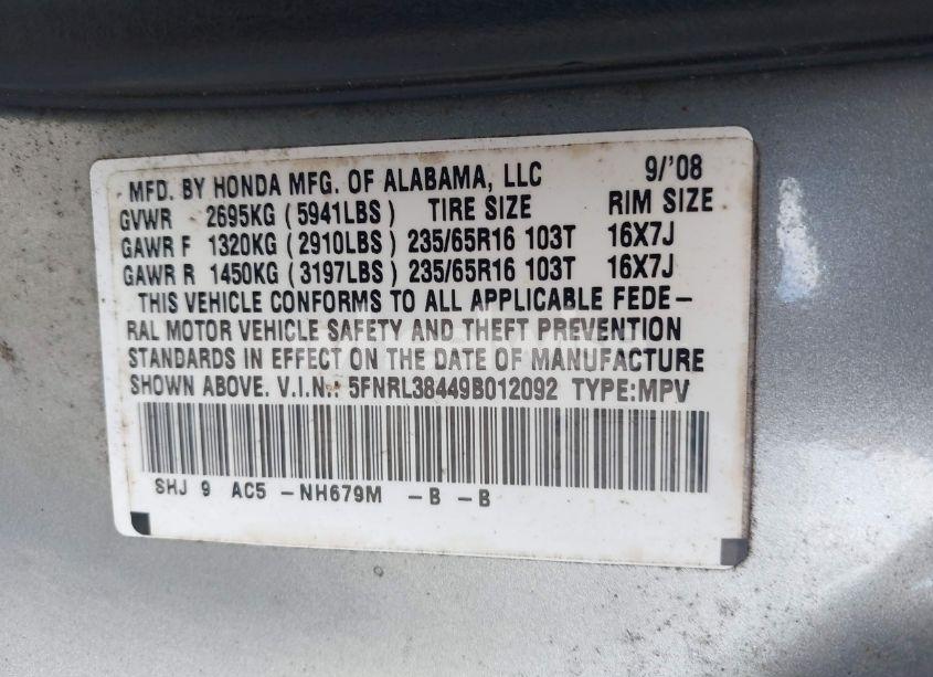 Photo 9 of 2009 Honda Odyssey EX (VIN 5FNRL38449B012092)