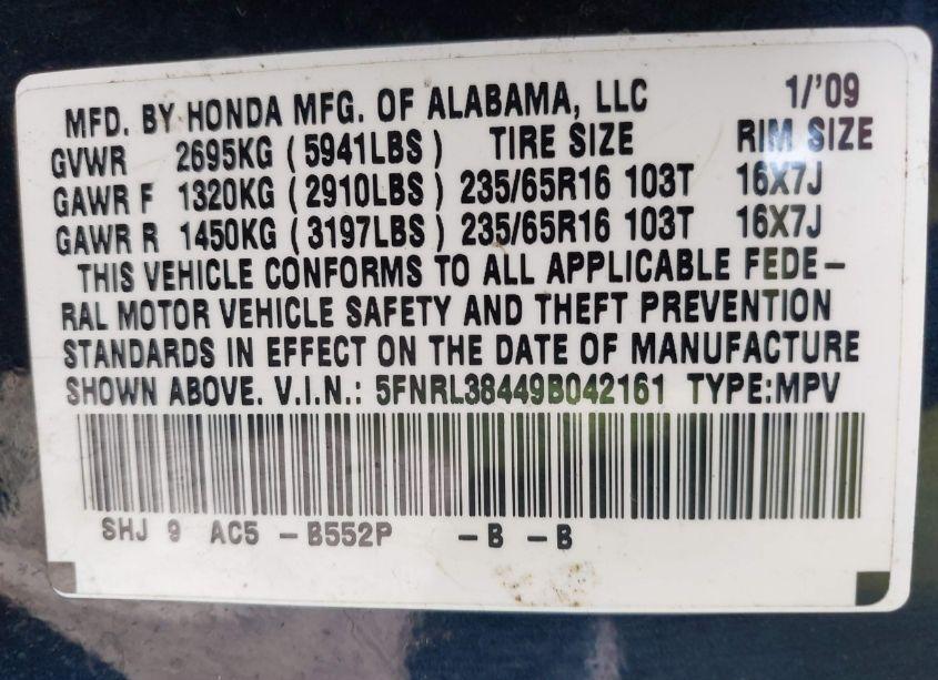 Photo 9 of 2009 Honda Odyssey EX (VIN 5FNRL38449B042161)