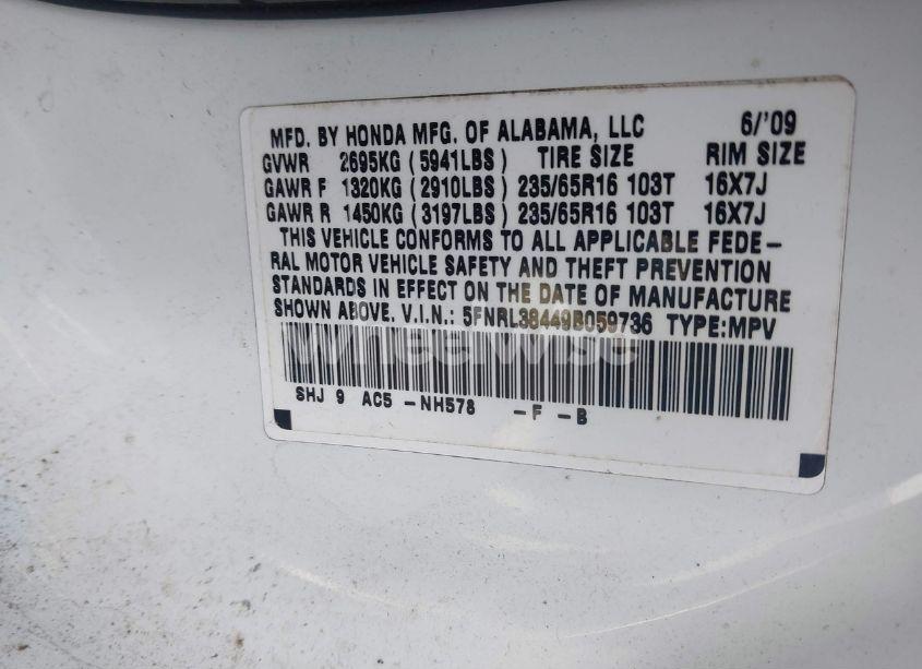 Photo 9 of 2009 Honda Odyssey EX (VIN 5FNRL38449B059736)