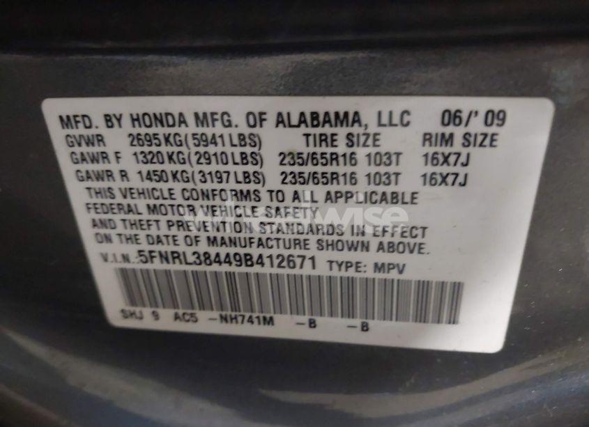 Photo 9 of 2009 Honda Odyssey EX (VIN 5FNRL38449B412671)