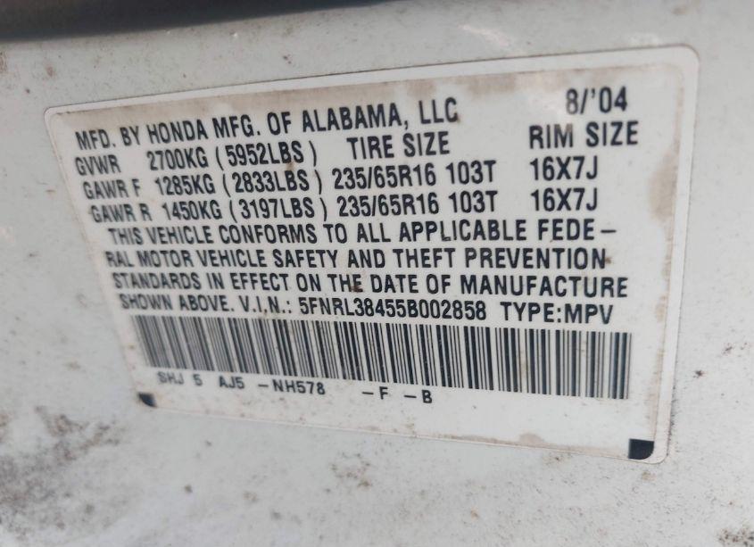 Photo 9 of 2005 Honda Odyssey EX (VIN 5FNRL38455B002858)