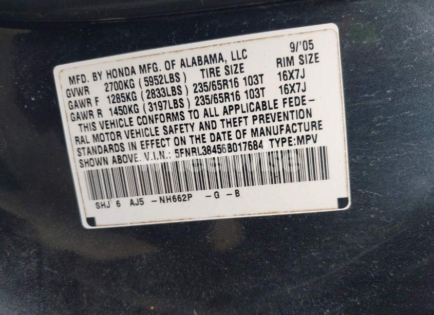 Photo 9 of 2006 Honda Odyssey EX (VIN 5FNRL38456B017684)