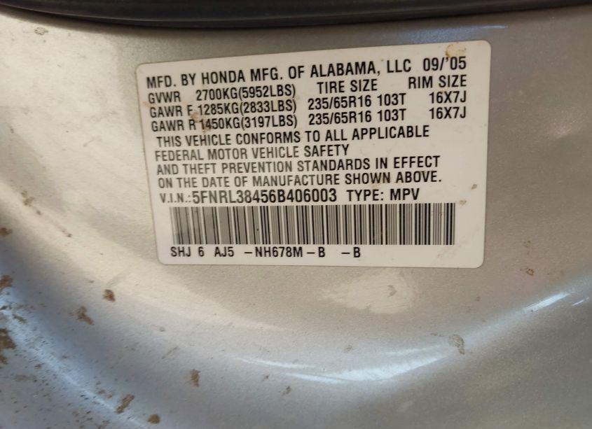 Photo 9 of 2006 Honda Odyssey EX (VIN 5FNRL38456B406003)