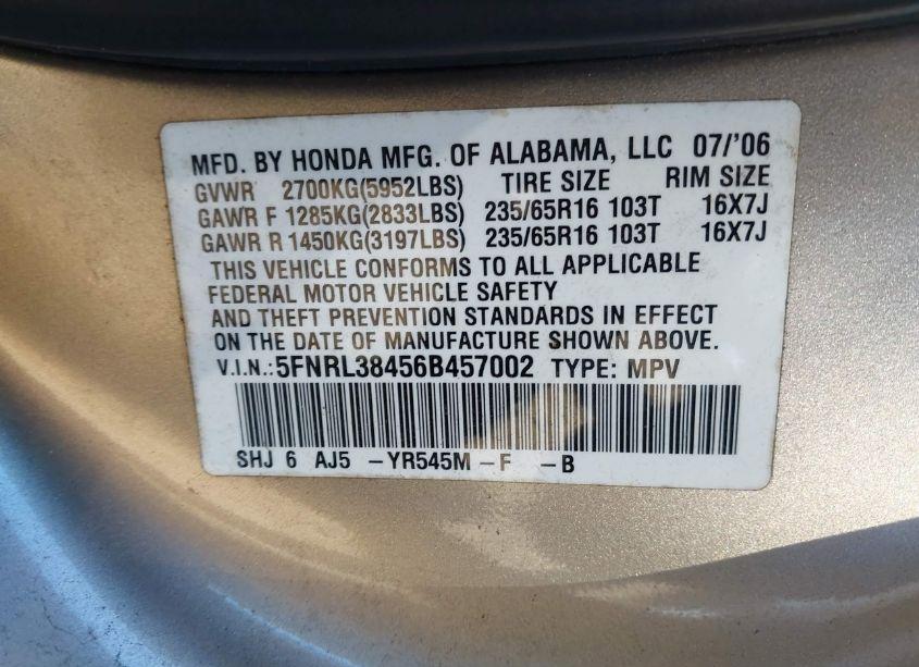 Photo 9 of 2006 Honda Odyssey EX (VIN 5FNRL38456B457002)