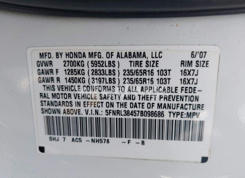 Photo 9 of 2007 Honda Odyssey EX (VIN 5FNRL38457B098686)