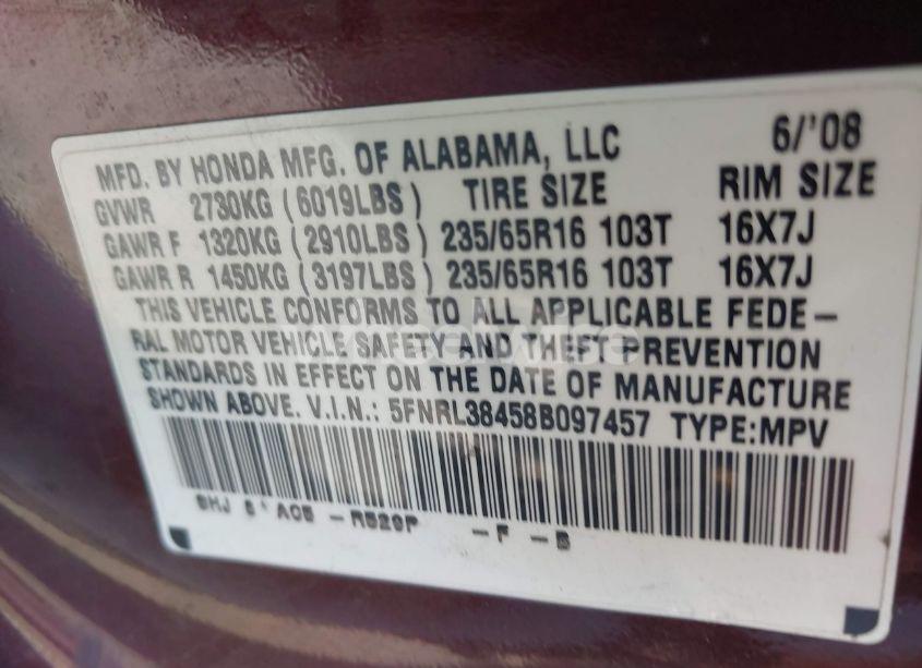 Photo 9 of 2008 Honda Odyssey EX (VIN 5FNRL38458B097457)