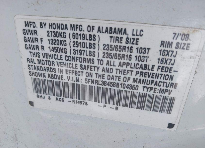 Photo 9 of 2008 Honda Odyssey EX (VIN 5FNRL38458B104360)