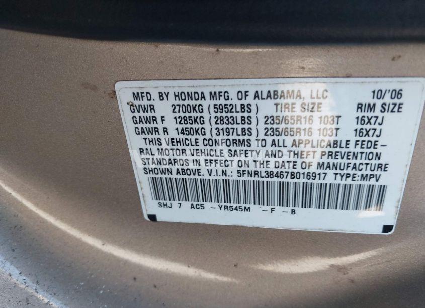 Photo 9 of 2007 Honda Odyssey EX (VIN 5FNRL38467B016917)