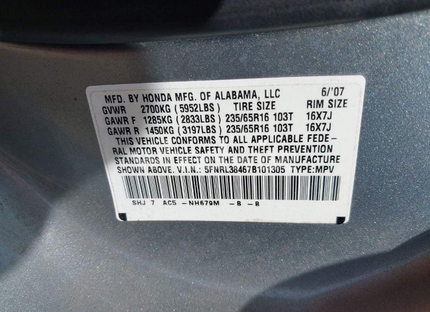 Photo 9 of 2007 Honda Odyssey EX (VIN 5FNRL38467B101305)