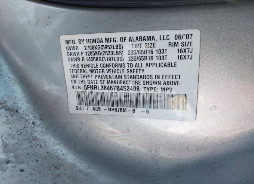 Photo 9 of 2007 Honda Odyssey EX (VIN 5FNRL38467B452408)