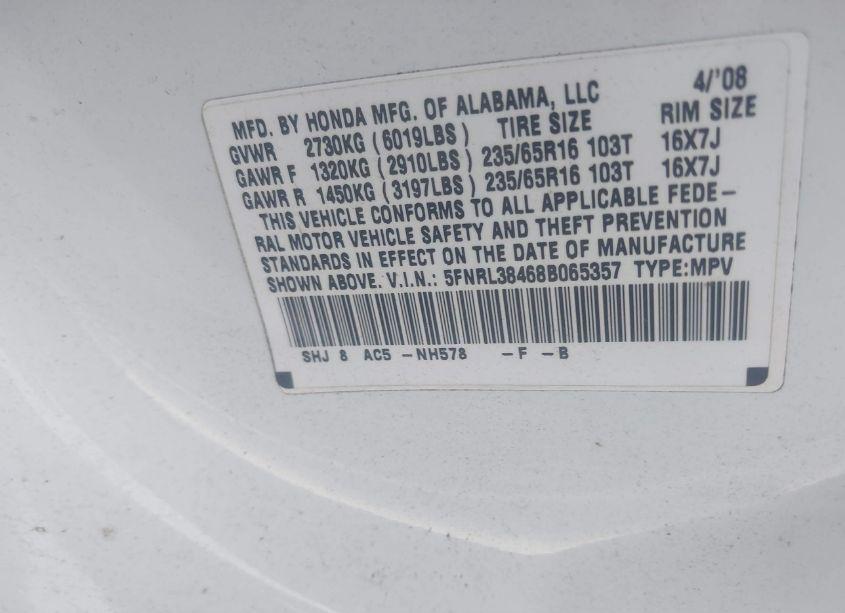 Photo 9 of 2008 Honda Odyssey EX (VIN 5FNRL38468B065357)