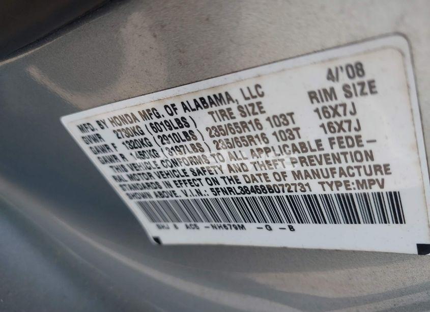 Photo 9 of 2008 Honda Odyssey EX (VIN 5FNRL38468B072731)