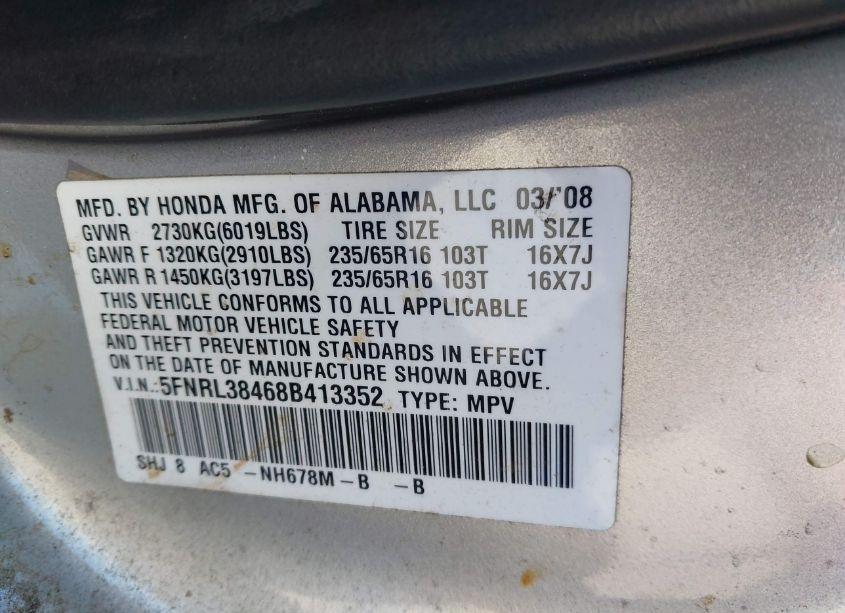 Photo 9 of 2008 Honda Odyssey EX (VIN 5FNRL38468B413352)