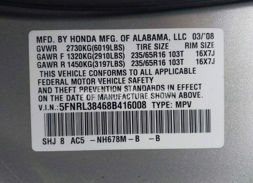 Photo 9 of 2008 Honda Odyssey EX (VIN 5FNRL38468B416008)