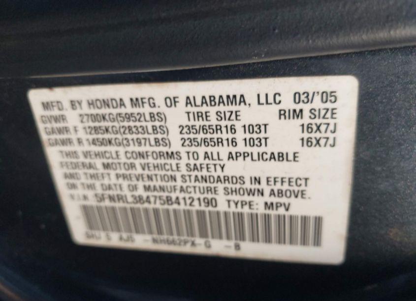 Photo 9 of 2005 Honda Odyssey EX (VIN 5FNRL38475B412190)
