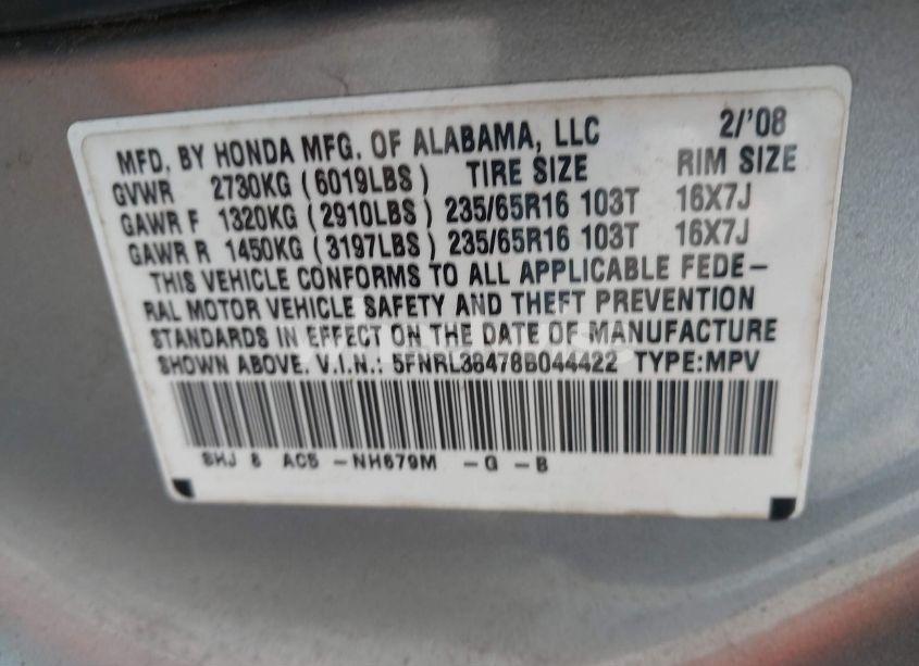 Photo 9 of 2008 Honda Odyssey EX (VIN 5FNRL38478B044422)