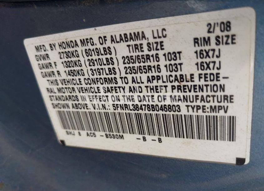 Photo 9 of 2008 Honda Odyssey EX (VIN 5FNRL38478B046803)