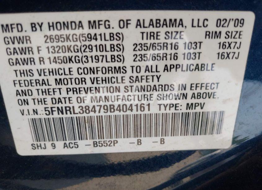 Photo 9 of 2009 Honda Odyssey EX (VIN 5FNRL38479B404161)