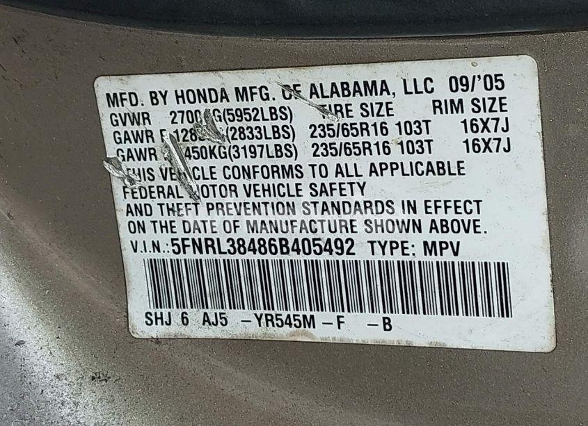 Photo 9 of 2006 Honda Odyssey EX (VIN 5FNRL38486B405492)