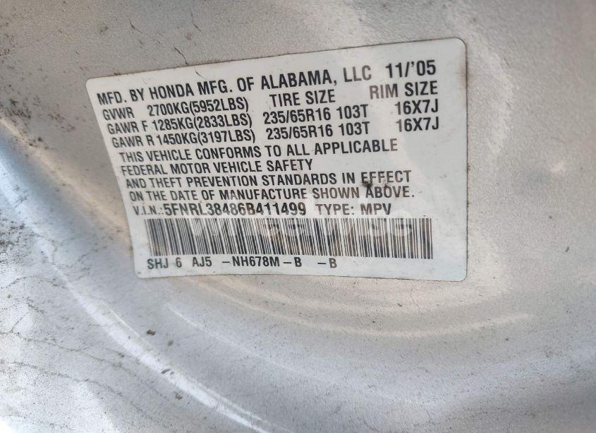 Photo 9 of 2006 Honda Odyssey EX (VIN 5FNRL38486B411499)