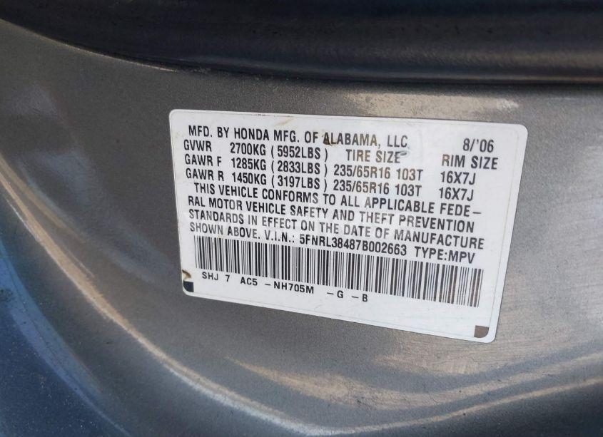 Photo 9 of 2007 Honda Odyssey EX (VIN 5FNRL38487B002663)