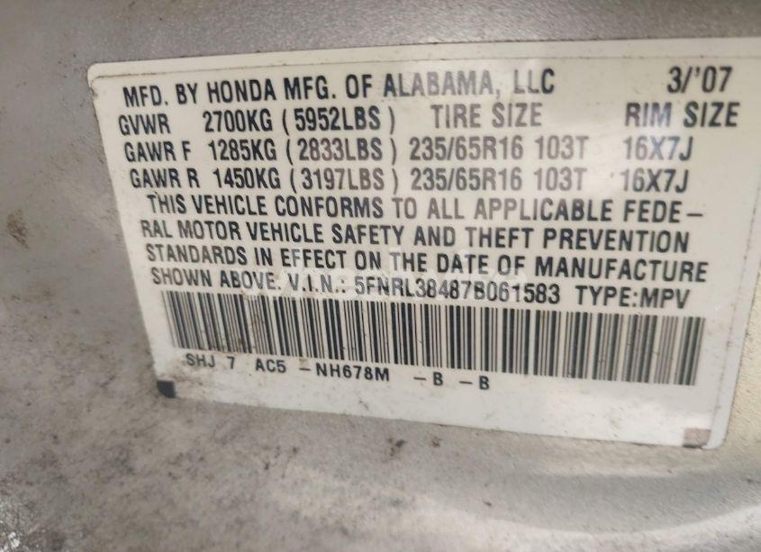 Photo 9 of 2007 Honda Odyssey EX (VIN 5FNRL38487B061583)