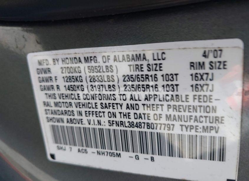 Photo 9 of 2007 Honda Odyssey EX (VIN 5FNRL38487B077797)