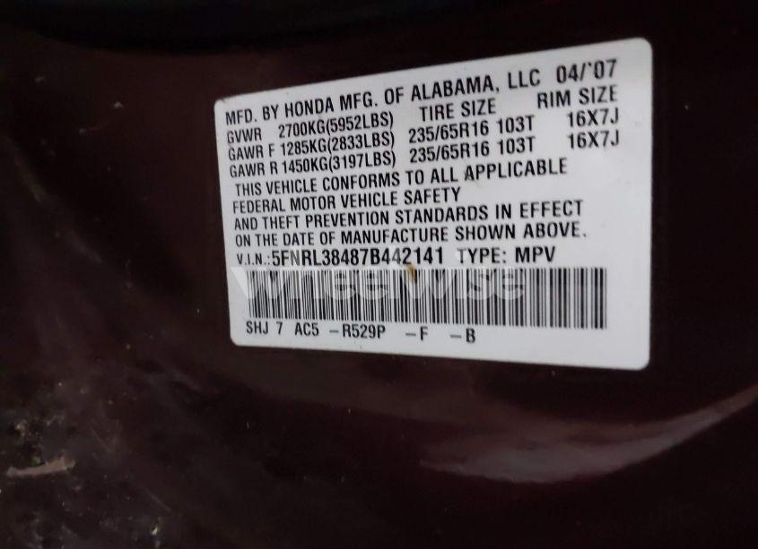 Photo 9 of 2007 Honda Odyssey EX (VIN 5FNRL38487B442141)