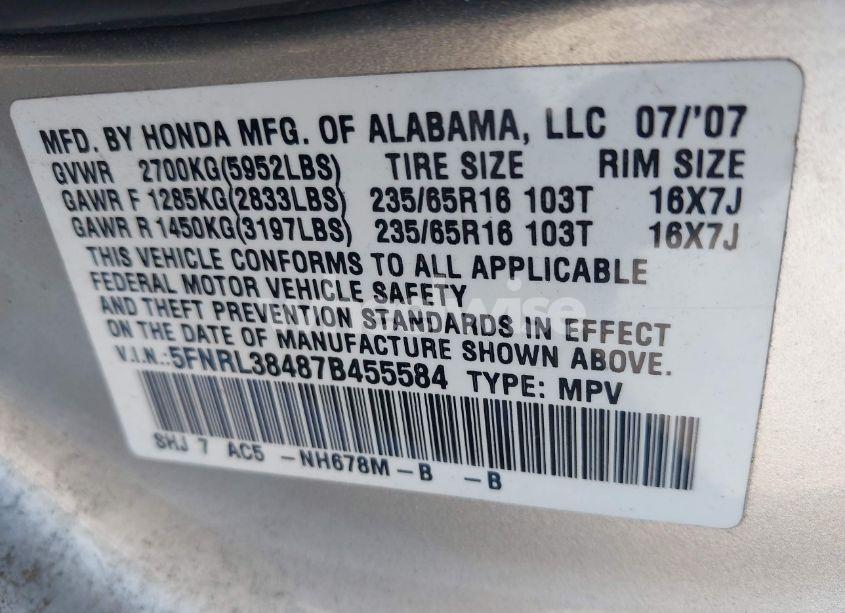 Photo 9 of 2007 Honda Odyssey EX (VIN 5FNRL38487B455584)