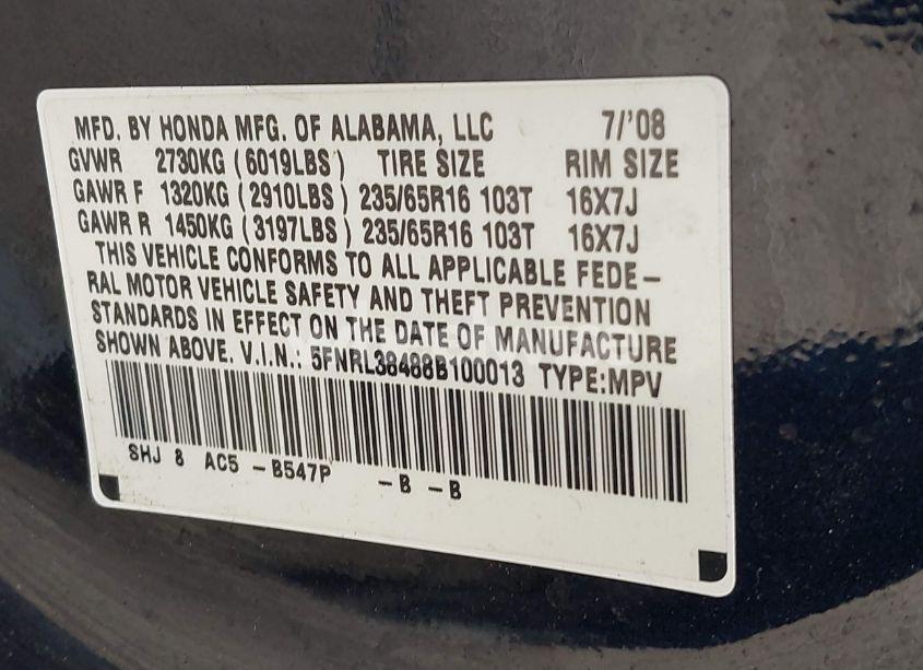 Photo 9 of 2008 Honda Odyssey EX (VIN 5FNRL38488B100013)