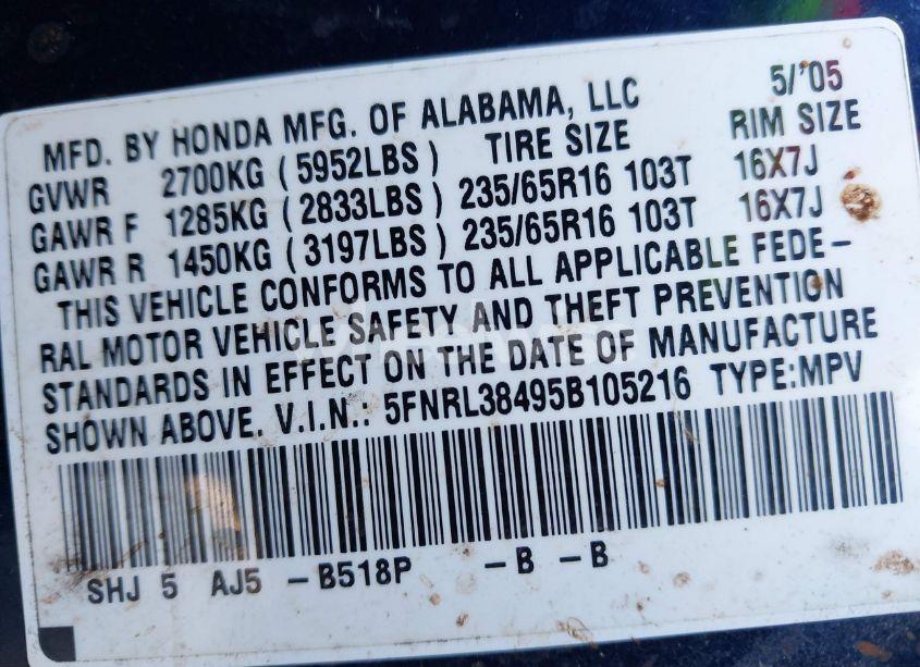 Photo 9 of 2005 Honda Odyssey EX (VIN 5FNRL38495B105216)