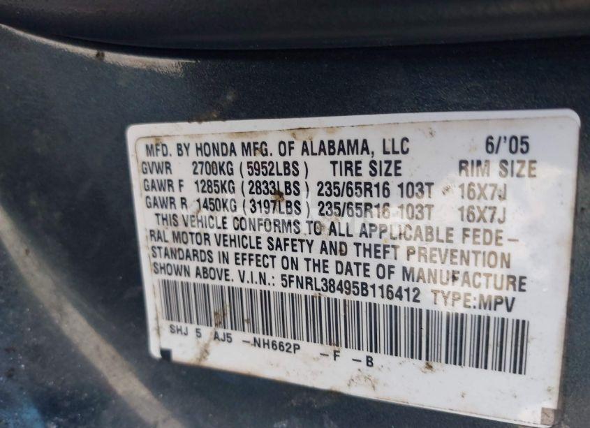 Photo 9 of 2005 Honda Odyssey EX (VIN 5FNRL38495B116412)