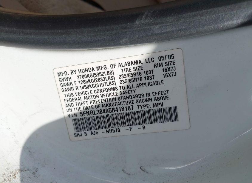 Photo 9 of 2005 Honda Odyssey EX (VIN 5FNRL38495B418167)