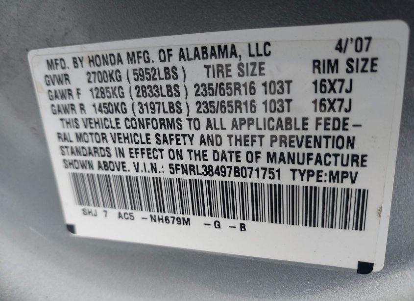 Photo 9 of 2007 Honda Odyssey EX (VIN 5FNRL38497B071751)