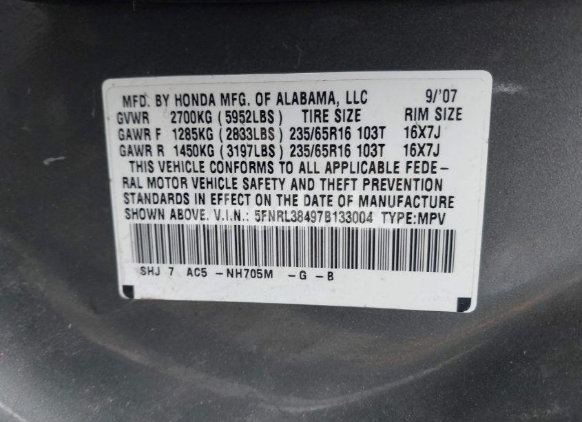 Photo 9 of 2007 Honda Odyssey EX (VIN 5FNRL38497B133004)