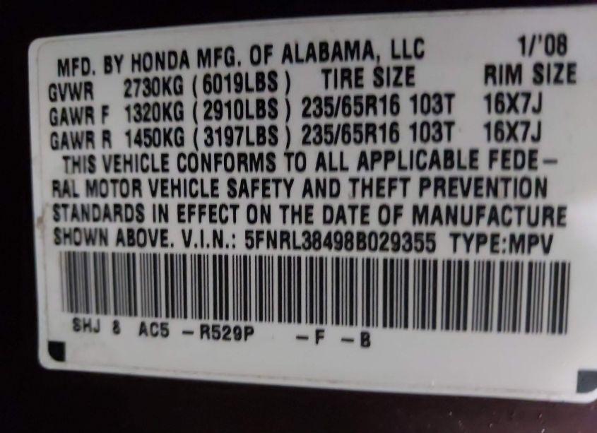 Photo 9 of 2008 Honda Odyssey EX (VIN 5FNRL38498B029355)