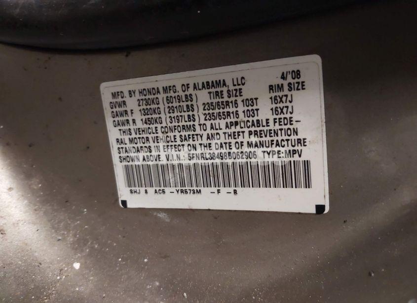 Photo 9 of 2008 Honda Odyssey EX (VIN 5FNRL38498B062906)