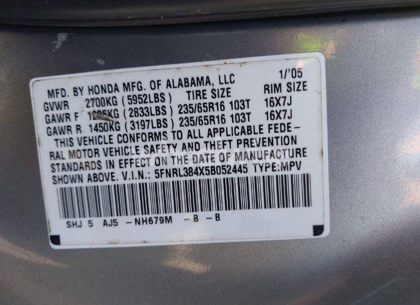 Photo 9 of 2005 Honda Odyssey EX (VIN 5FNRL384X5B052445)