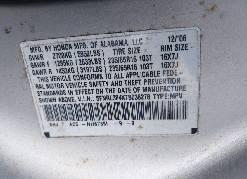 Photo 9 of 2007 Honda Odyssey EX (VIN 5FNRL384X7B036278)