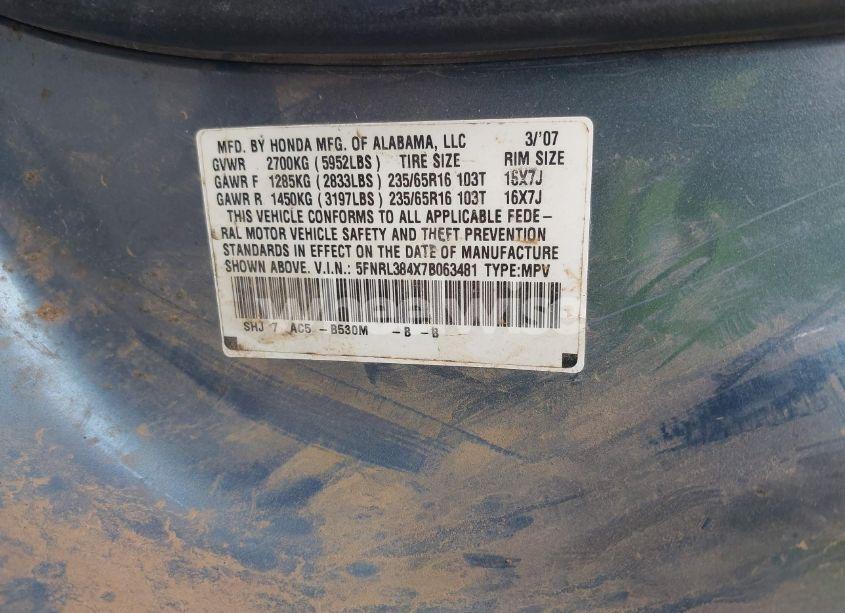 Photo 9 of 2007 Honda Odyssey EX (VIN 5FNRL384X7B063481)