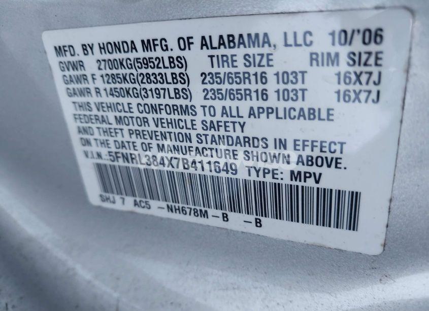 Photo 9 of 2007 Honda Odyssey EX (VIN 5FNRL384X7B411649)