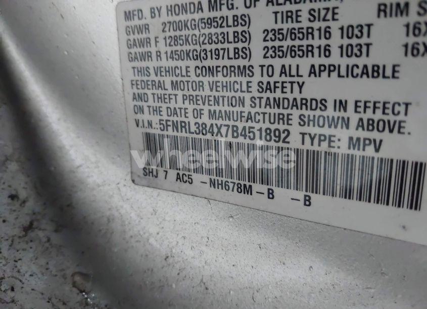 Photo 9 of 2007 Honda Odyssey EX (VIN 5FNRL384X7B451892)