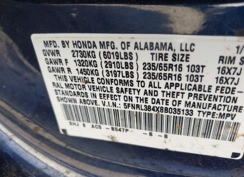 Photo 9 of 2008 Honda Odyssey EX (VIN 5FNRL384X8B035133)